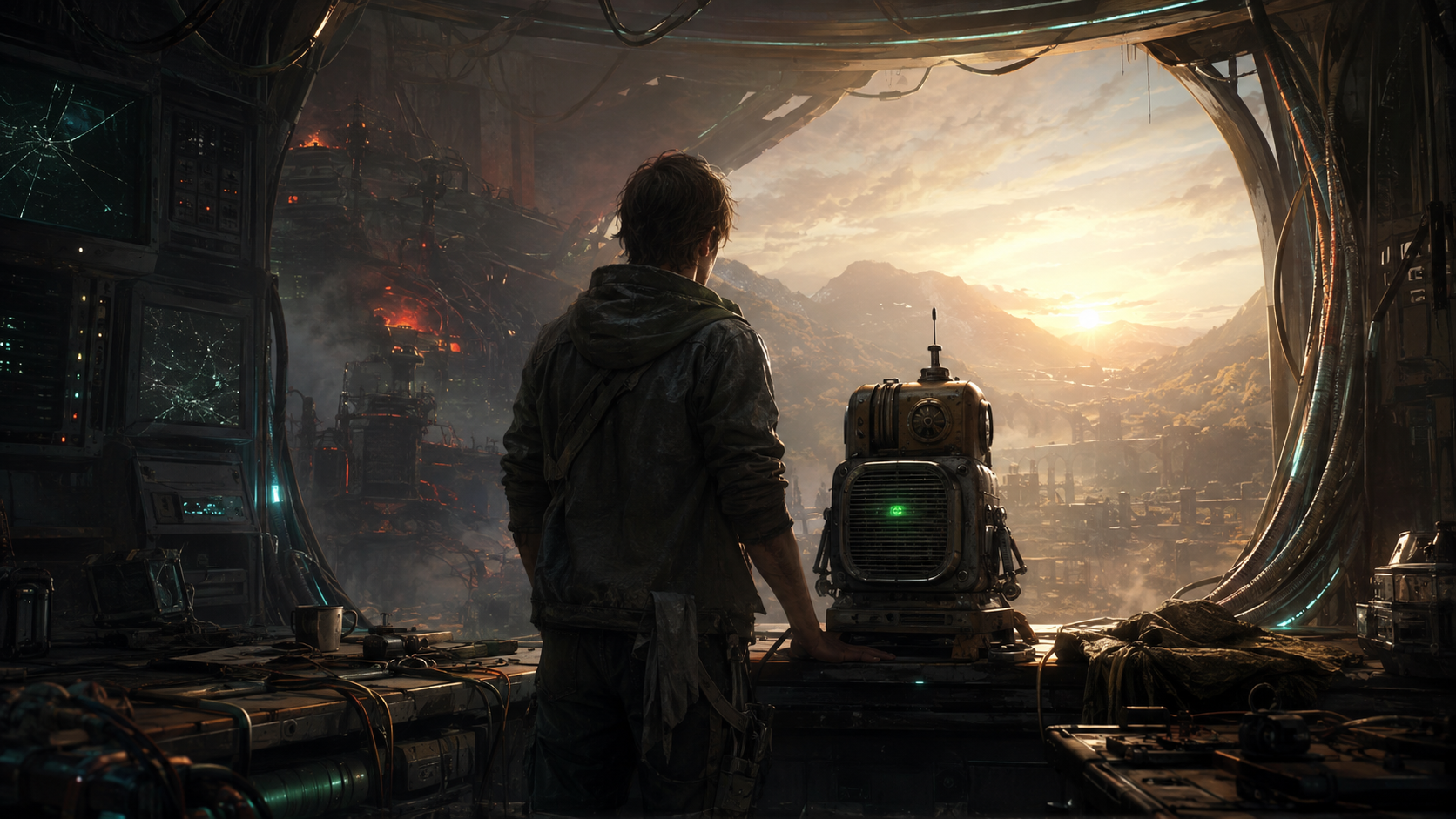 A tired person and a small repaired radio-like robot stand at a workbench in a damaged repair chamber, facing warm sunrise light beyond cooling machinery.
