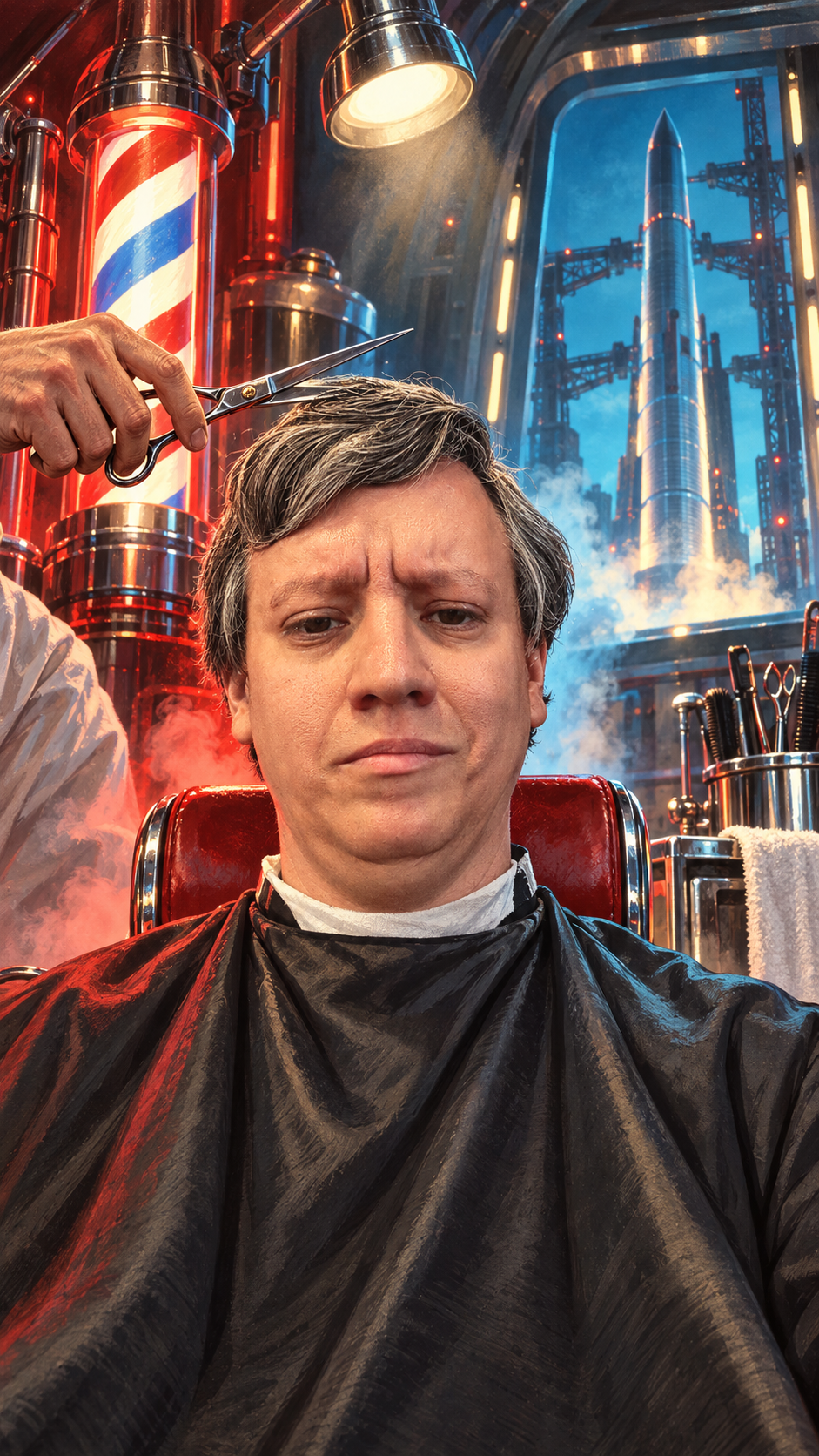 A skeptical man sits in a retro-futurist barbershop launch bay as scissors approach his gray-streaked hair and a rocket waits beyond the chair.