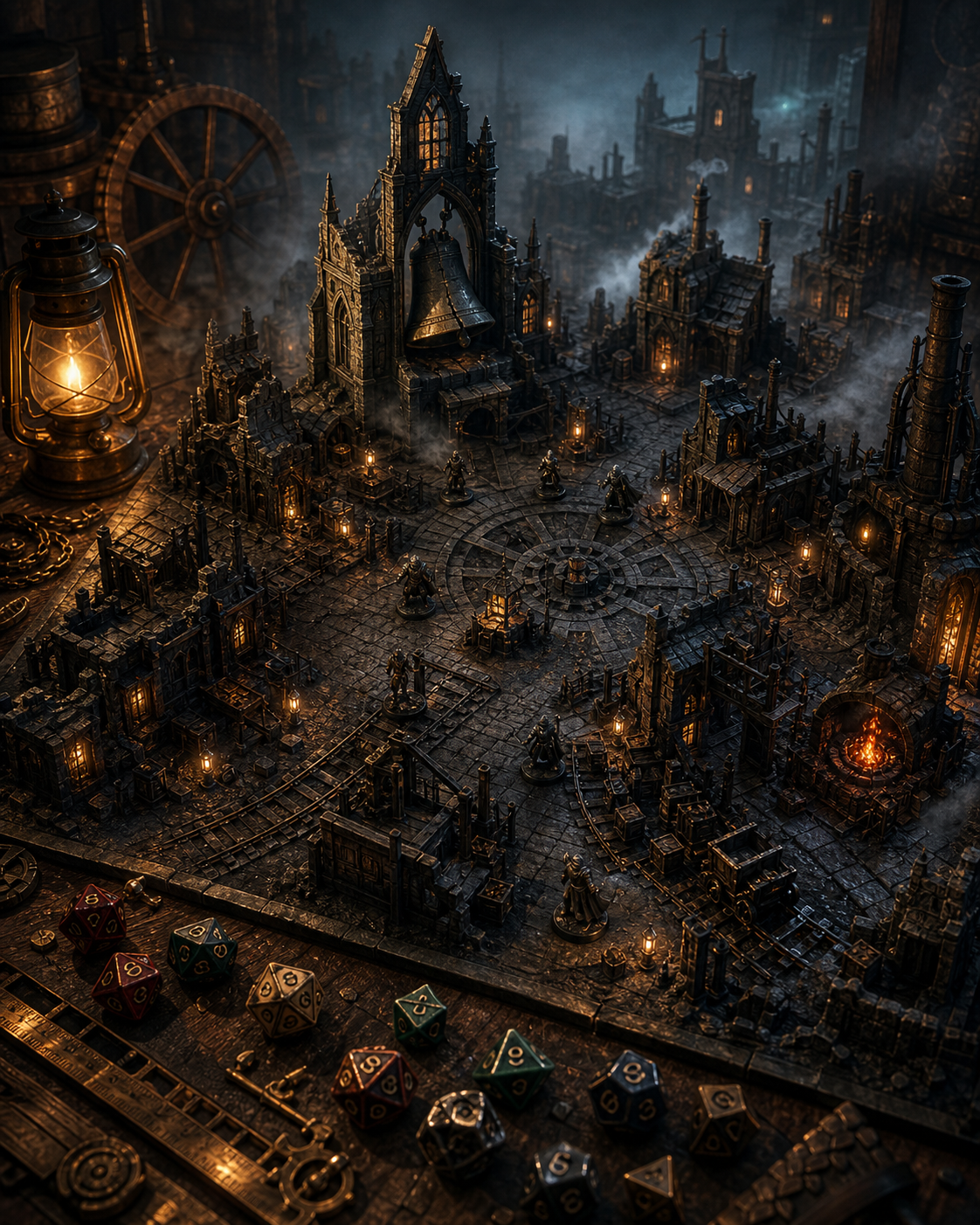 A gothic miniature tabletop town with a cracked chapel bell, mine rails, lanterns, dice, and fog, arranged like a dark fantasy campaign board.