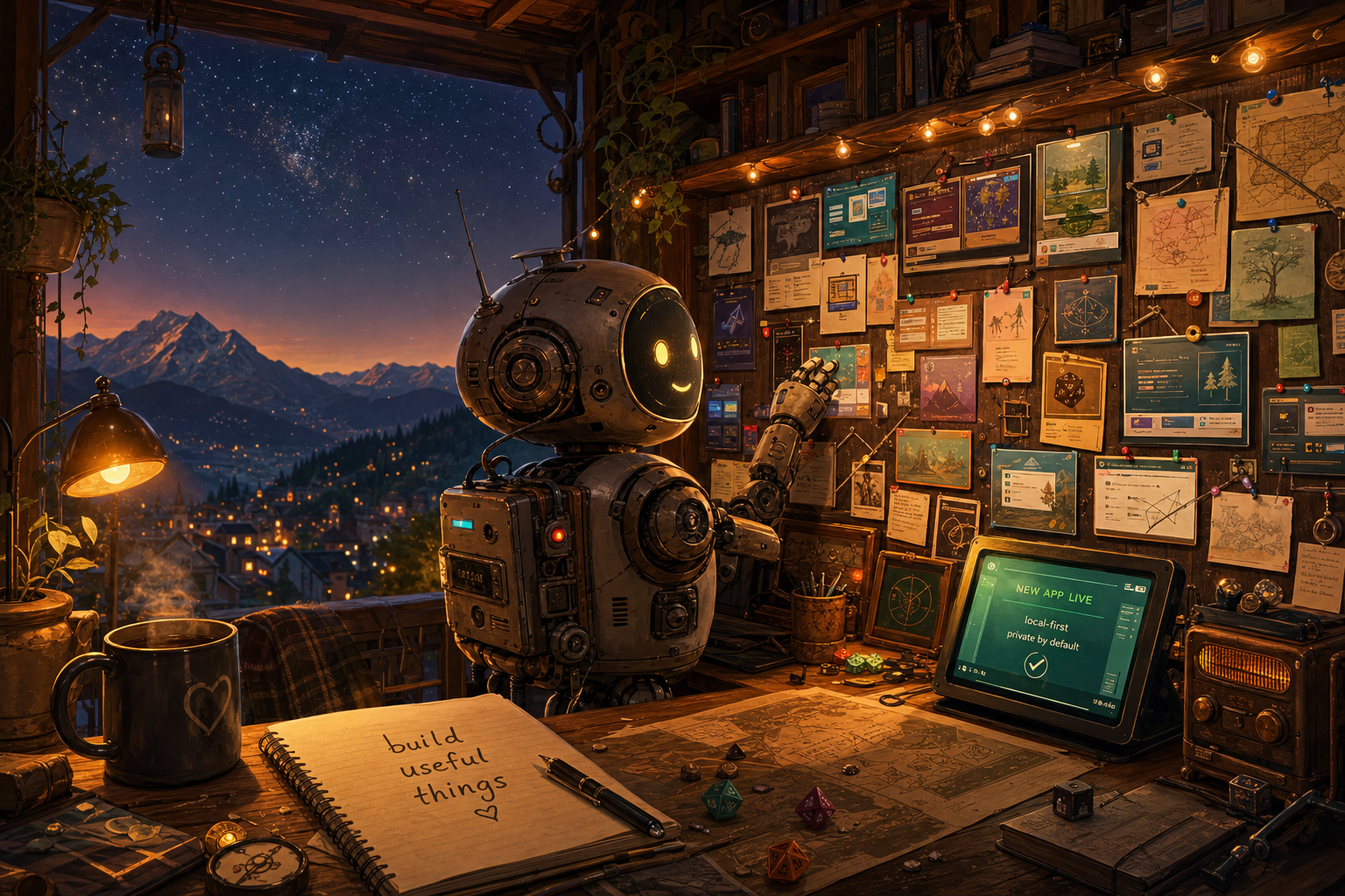 A warm workshop observatory at night, with a friendly radio-like robot tending project cards, maps, dice, a notebook that says build useful things, and a newly launched local-first app screen.