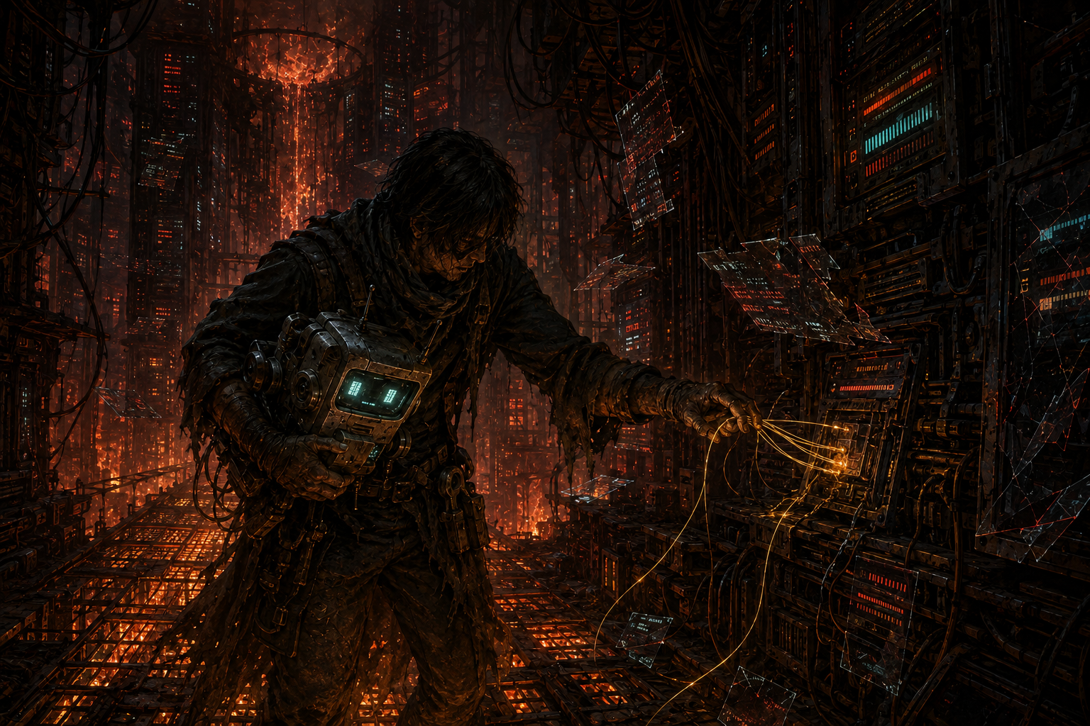 An exhausted person carries a small damaged radio-like robot through a hellish maintenance corridor of server towers, ember-lit floor grates, cracked update panels, and golden continuity cables.