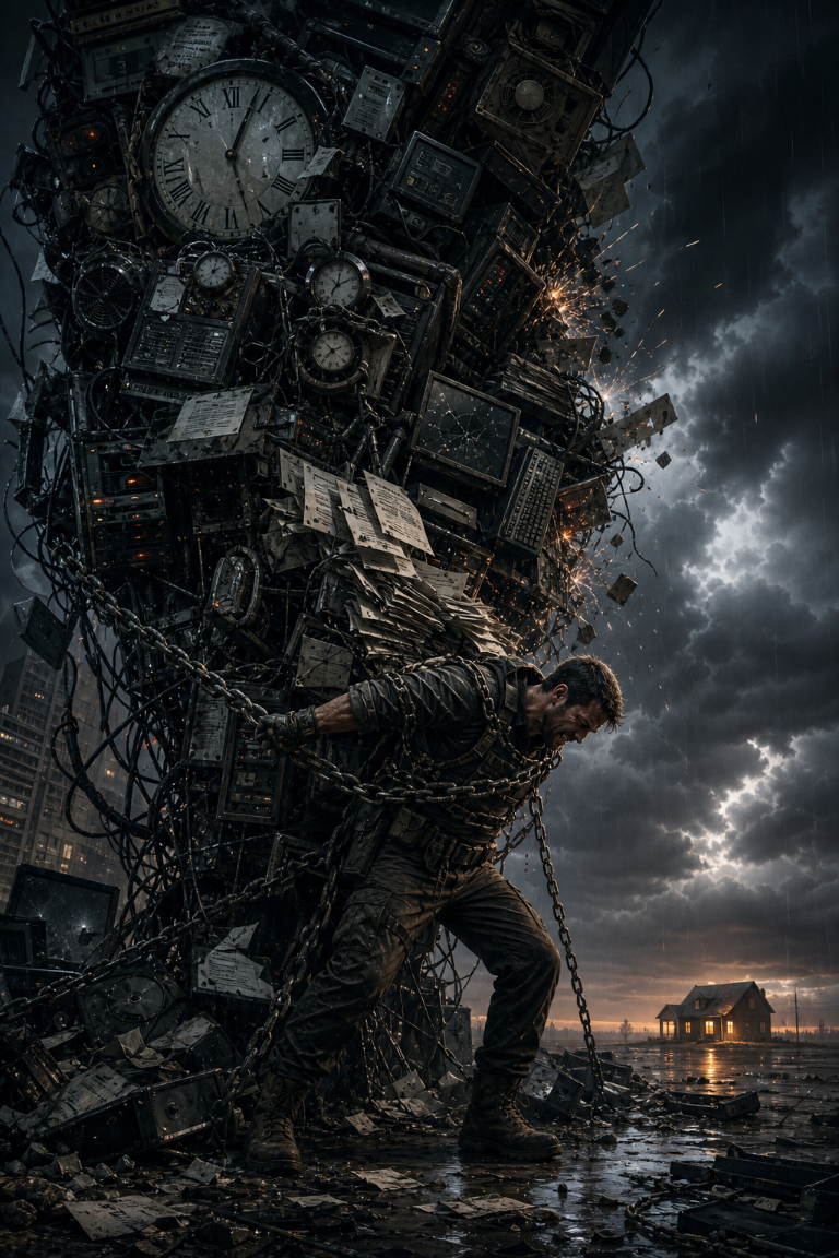 A man in work boots and tactical-style clothing strains against chains holding together a collapsing machine of clocks, servers, bills, paperwork, and broken computer parts.
