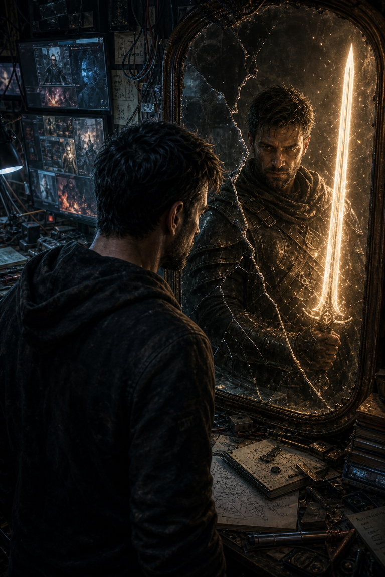 A man stares into a cracked mirror where a stronger armored legendary version of himself holds a sword made of light.
