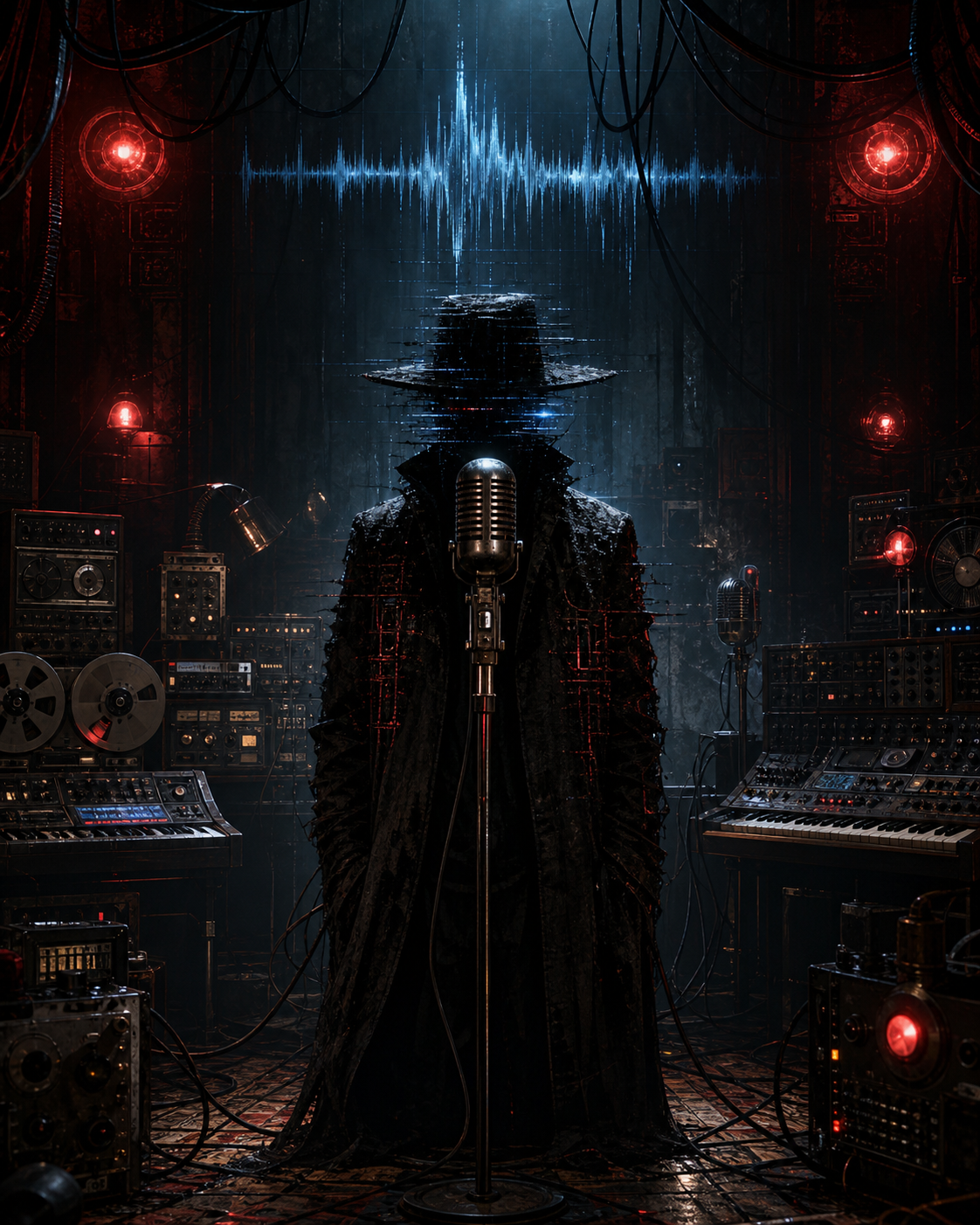 A faceless dark performer silhouette stands behind a vintage microphone in a horror-tech recording lab, surrounded by synths, cables, red lights, and a blue waveform overhead.