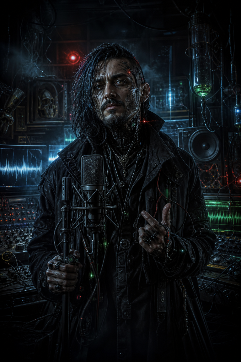 A dark horror-tech portrait of Doctorb Shee Vago in a corrupted recording-lab stage with microphones, synths, cables, and signal lights.