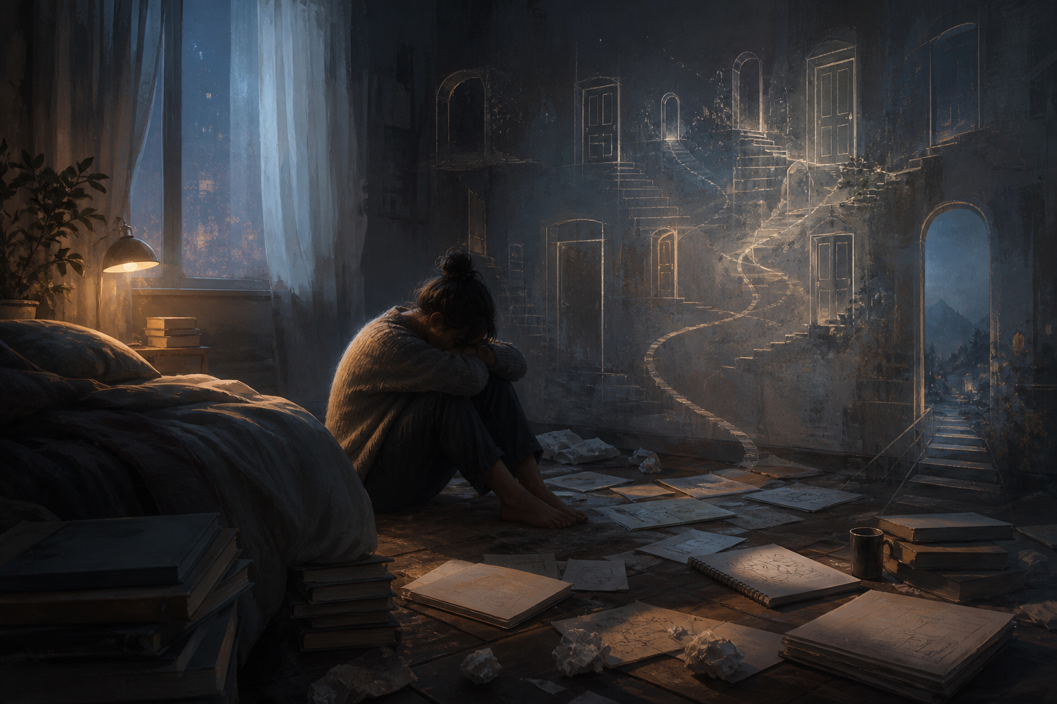 A tired person sits on a bedroom floor at night beside scattered plans and notebooks while ghostly doors, stairs, and pathways glow across the wall.