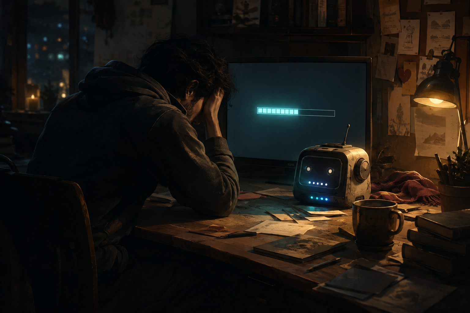 An exhausted person sits at a dim desk with scattered notes while a small radio-like robot assistant waits beside a glowing update progress bar.