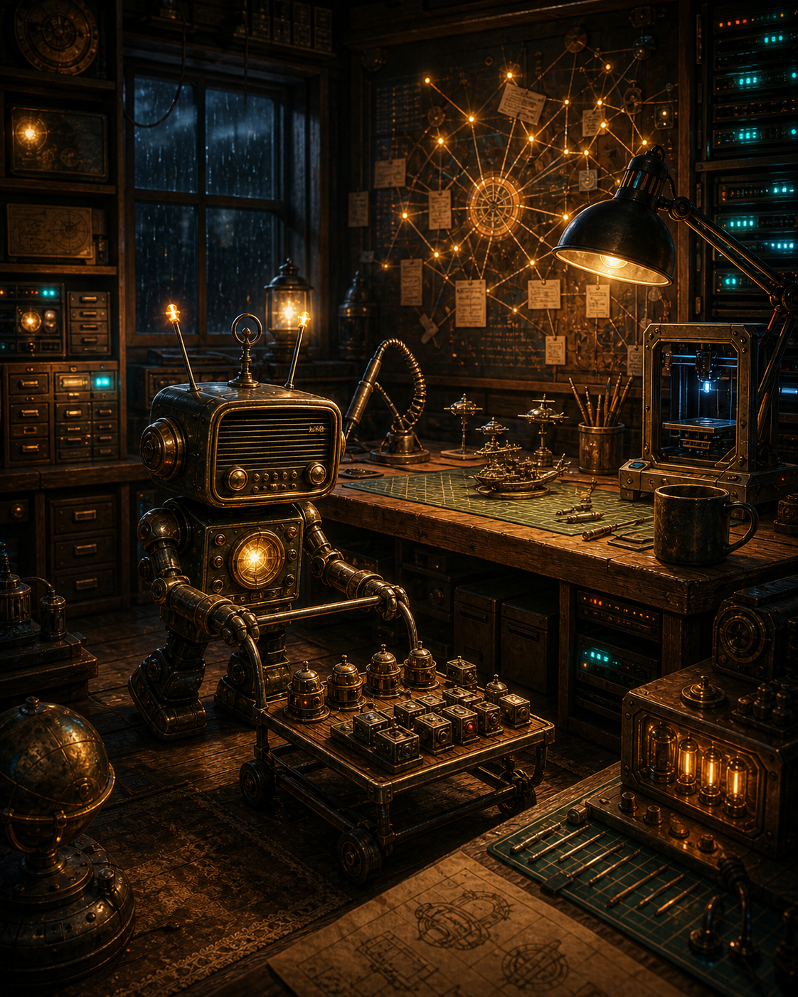 A small vintage radio robot pushes a cart of finished brass parts through a warm command workshop with servers, a 3D printer, rain at the window, and an illuminated project board.