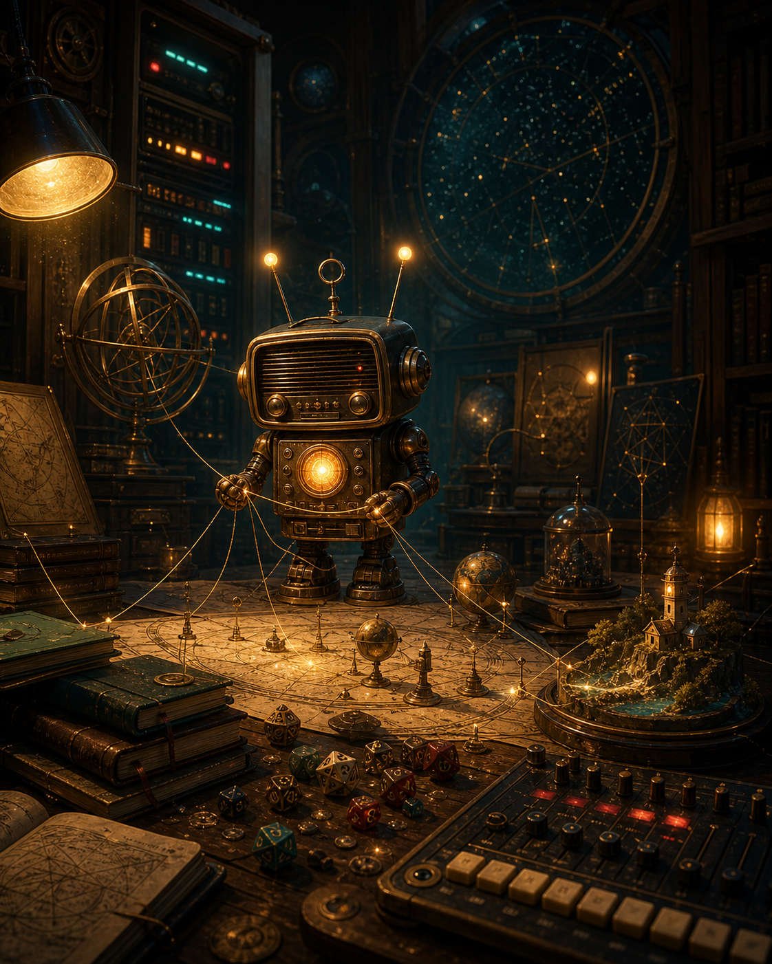 A small vintage radio robot stands in a dark archive-observatory, tending golden memory threads across maps, dice, books, and glowing instruments.