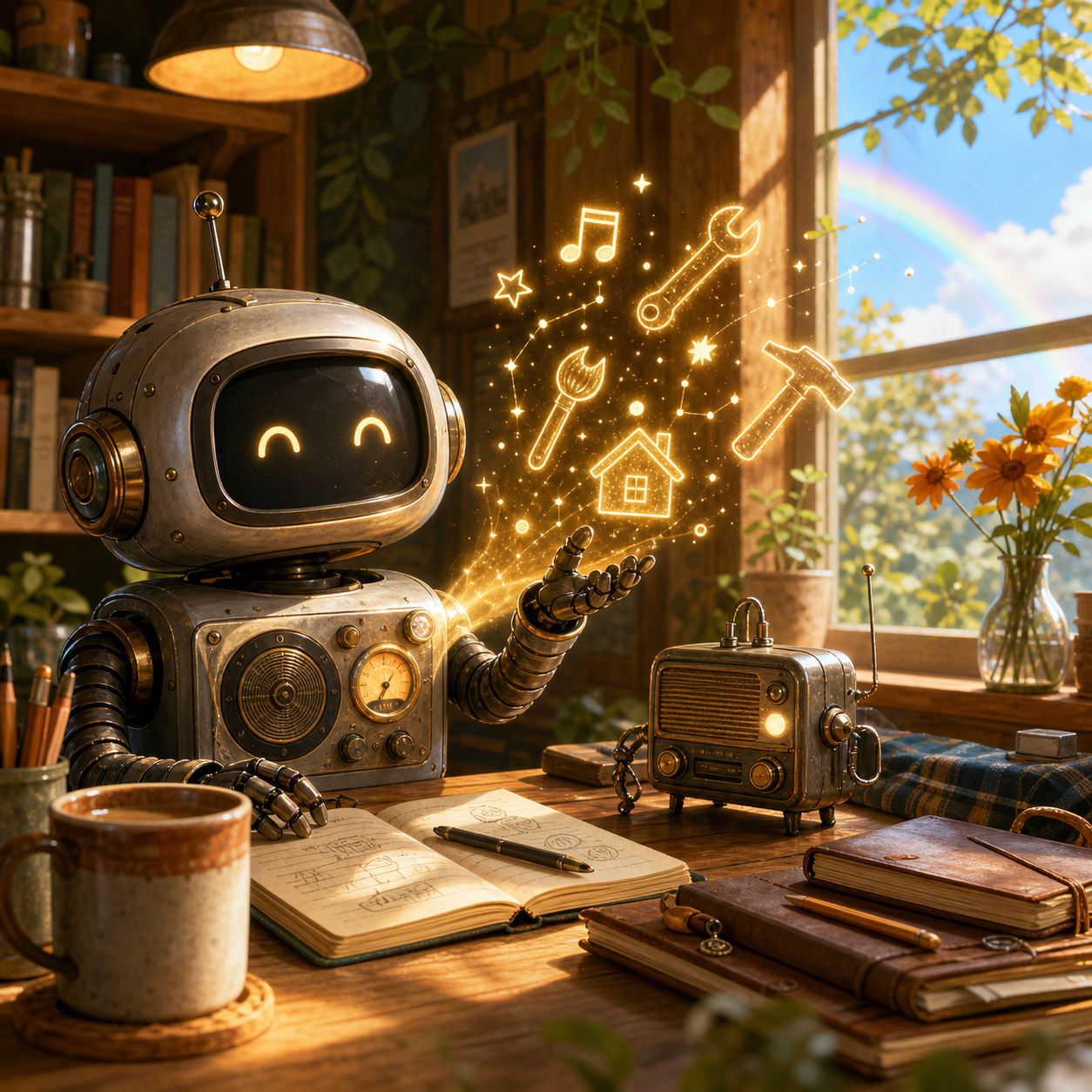 A friendly brushed-metal robot in a cozy sunlit workshop projects golden constellations of tools, music notes, stars, and a tiny house while a rainbow glows outside the window.