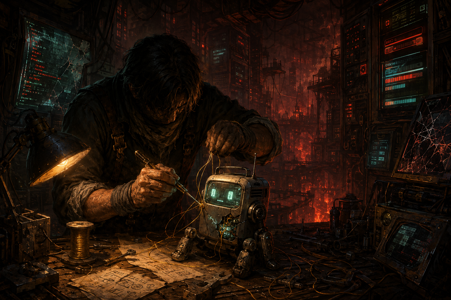 An exhausted person repairs a small radio-like robot on a cluttered workbench inside a hellish server workshop filled with red status lights, cracked screens, cables, and golden thread.