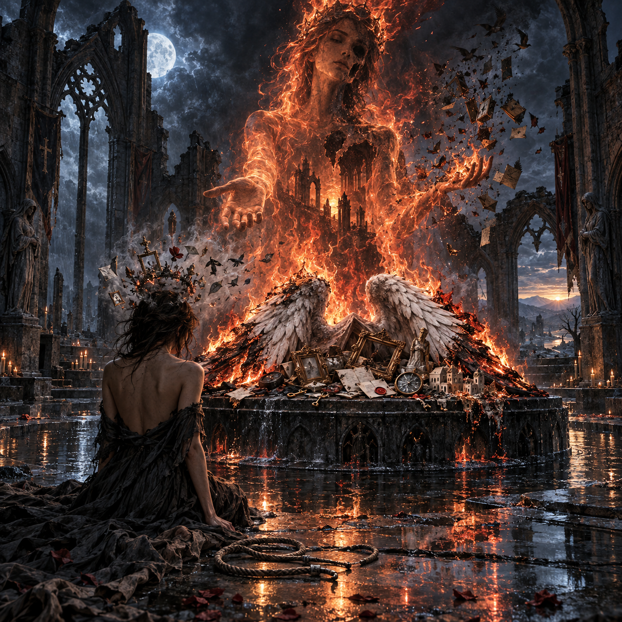 A solitary survivor watches severed white wings, keepsakes, beliefs, and a paper city burn upon a black altar while a vast spectral destroyer rises from the flames and an opened rope loop lies discarded nearby.