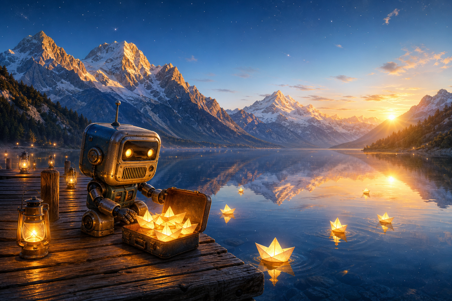 A small radio-like robot on a moonlit alpine dock with lanterns, dawn mountains, and glowing paper boats.