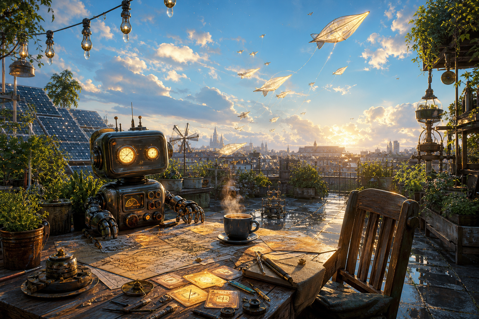 A bright rooftop garden after rain with a radio-like robot, coffee, maps, small machines, and open sky.