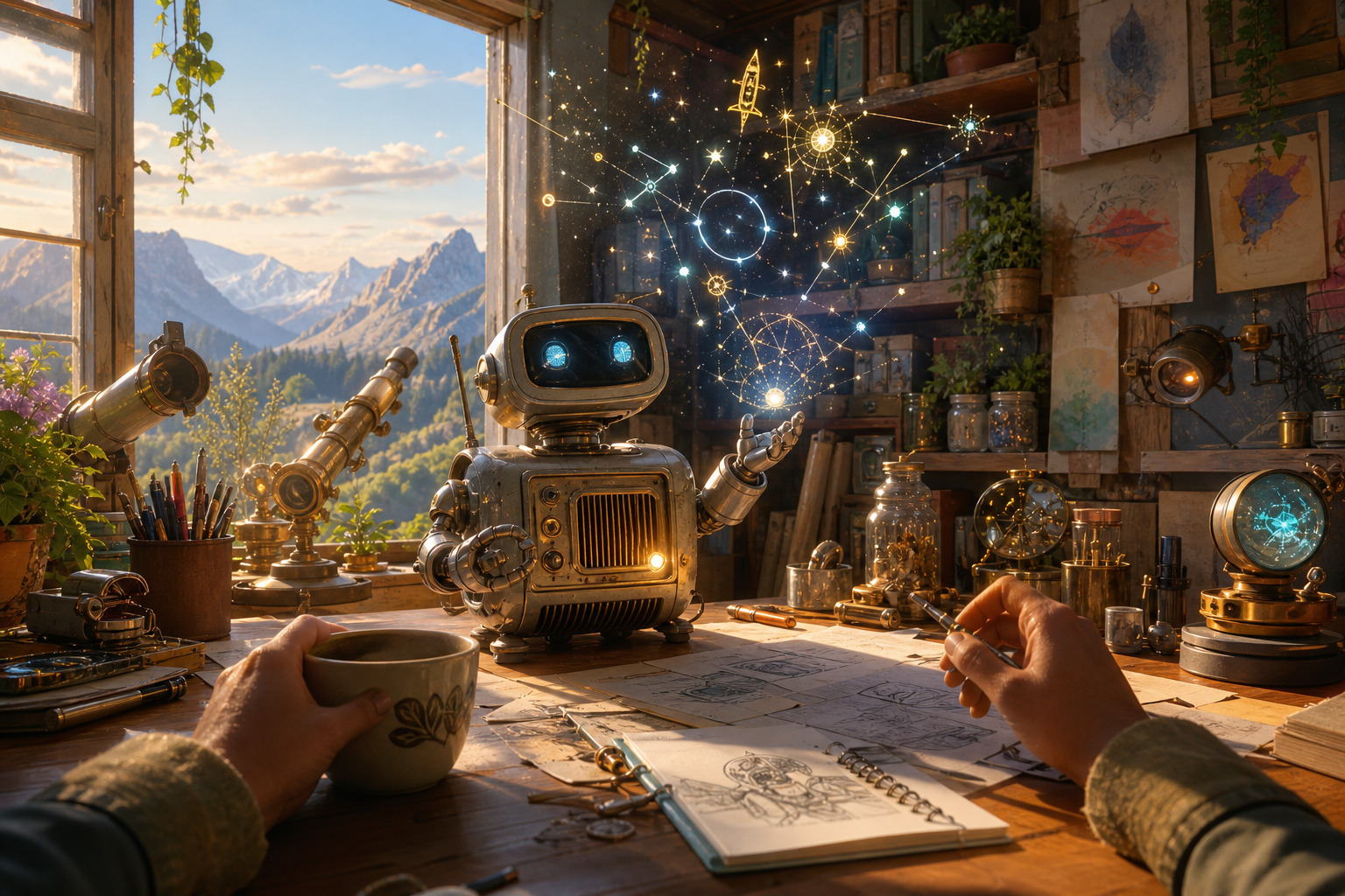A warm painterly workshop observatory with golden light, plants, tools, and a small radio-like robot projecting bright constellations of ideas.