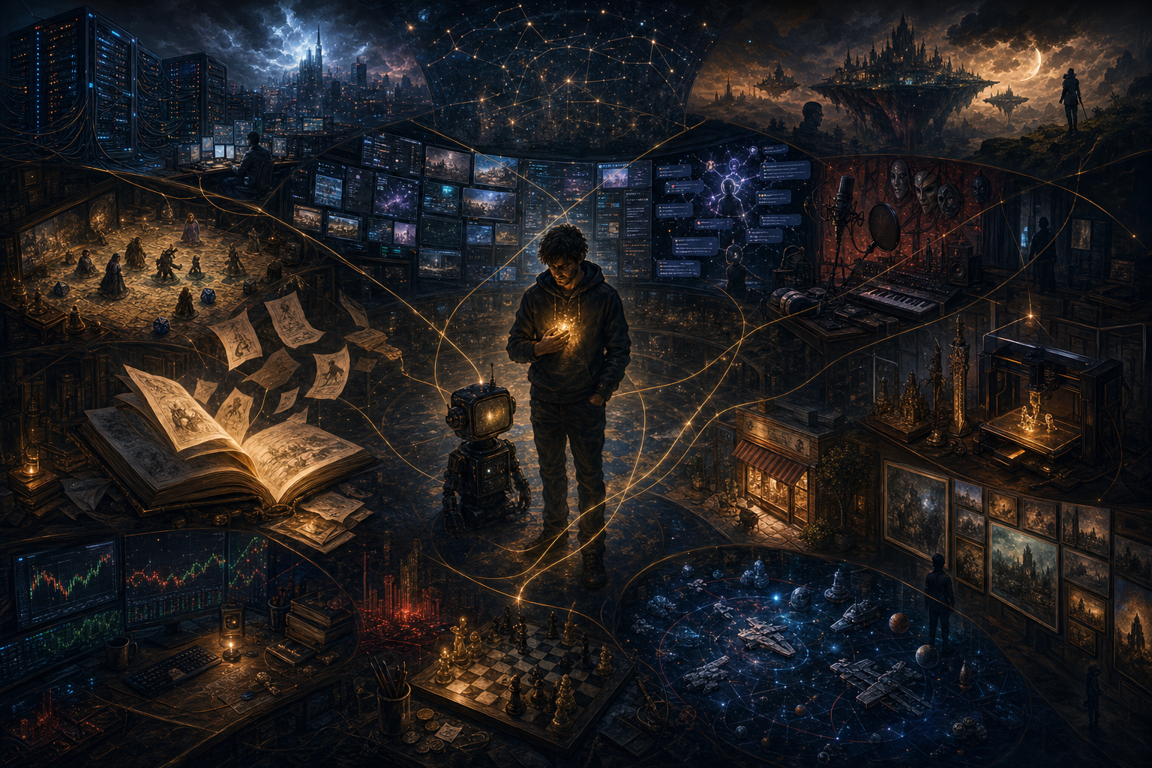 A warm symbolic observatory-control room filled with servers, books, maps, music equipment, games, art, and glowing threads around a central human signal and a small robot assistant.