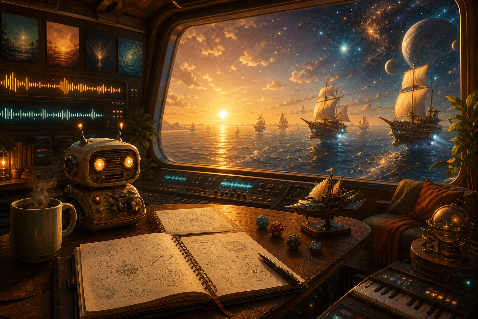 A cozy futuristic mission-control room at golden hour overlooking an ocean horizon becoming a starfield, with a small radio robot, notebook, dice, and a luminous fleet outside.