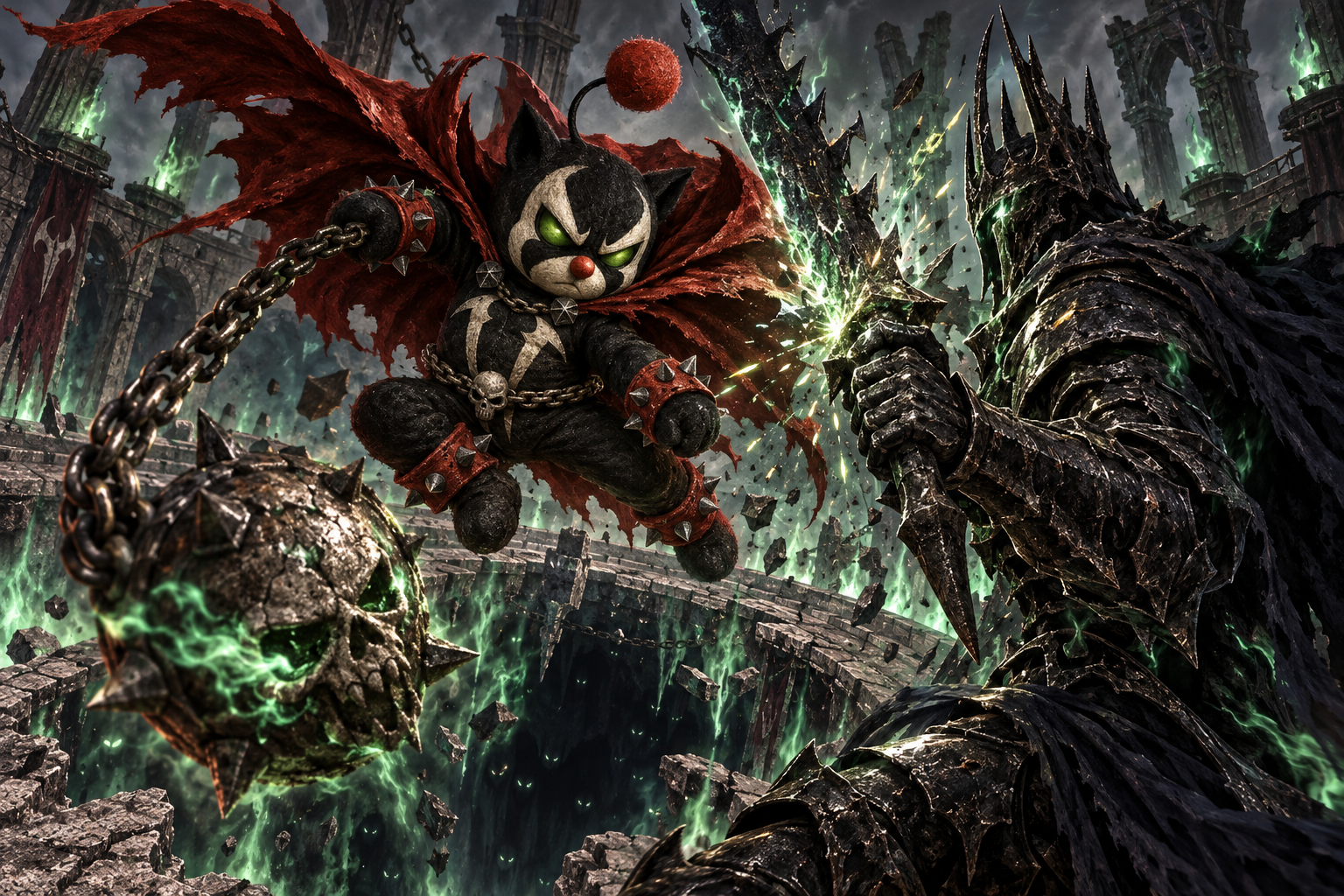 Mog Spawn swings a chained skull-flail into the jagged blade of a towering obsidian knight above a green-lit bottomless arena.