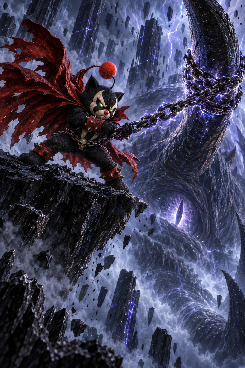 Mog Spawn braces on a floating black shard and hauls a lightning-charged chain around the horn of a colossal one-eyed abyssal leviathan.