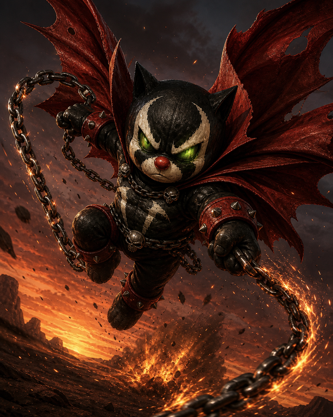 Mog Spawn descends through a fiery wasteland sky, swinging flaming chains while red cape-wings flare around glowing green eyes.