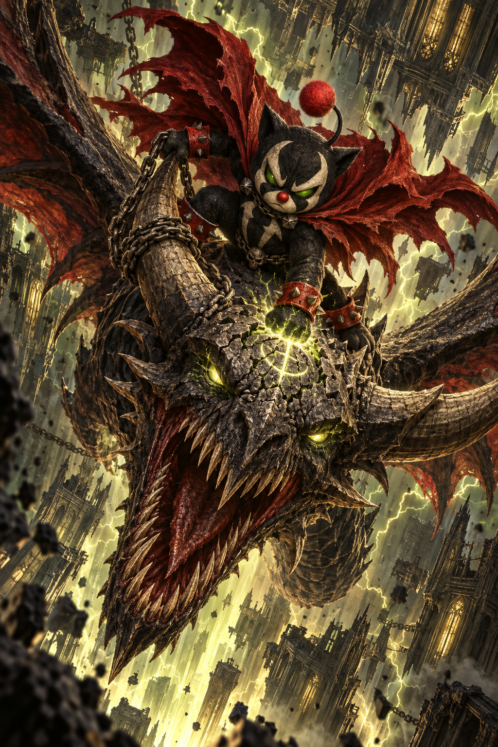 Mog Spawn rides a horned abyss dragon through inverted cathedrals, gripping a chain while striking a glowing crack in the creature's skull.