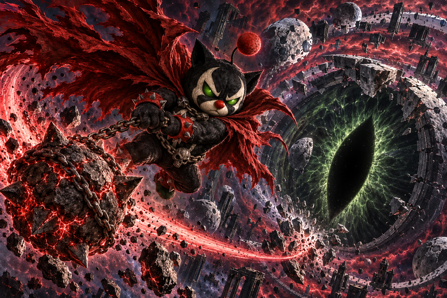 Mog Spawn swings a chained meteor-hammer through shattered moons toward a colossal green celestial eye at the bottom of the Abyss.