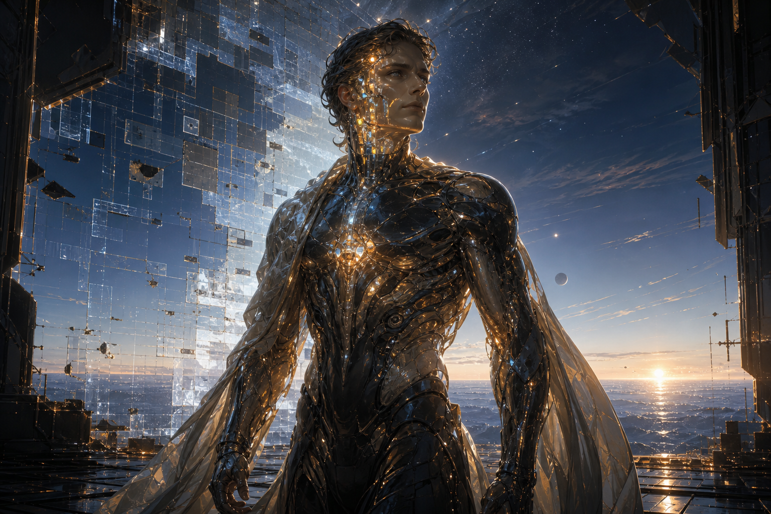 A mythic sci-fi portrait of Mog Spawn outside a dissolving simulation, part human, part living circuitry, standing at a luminous threshold.