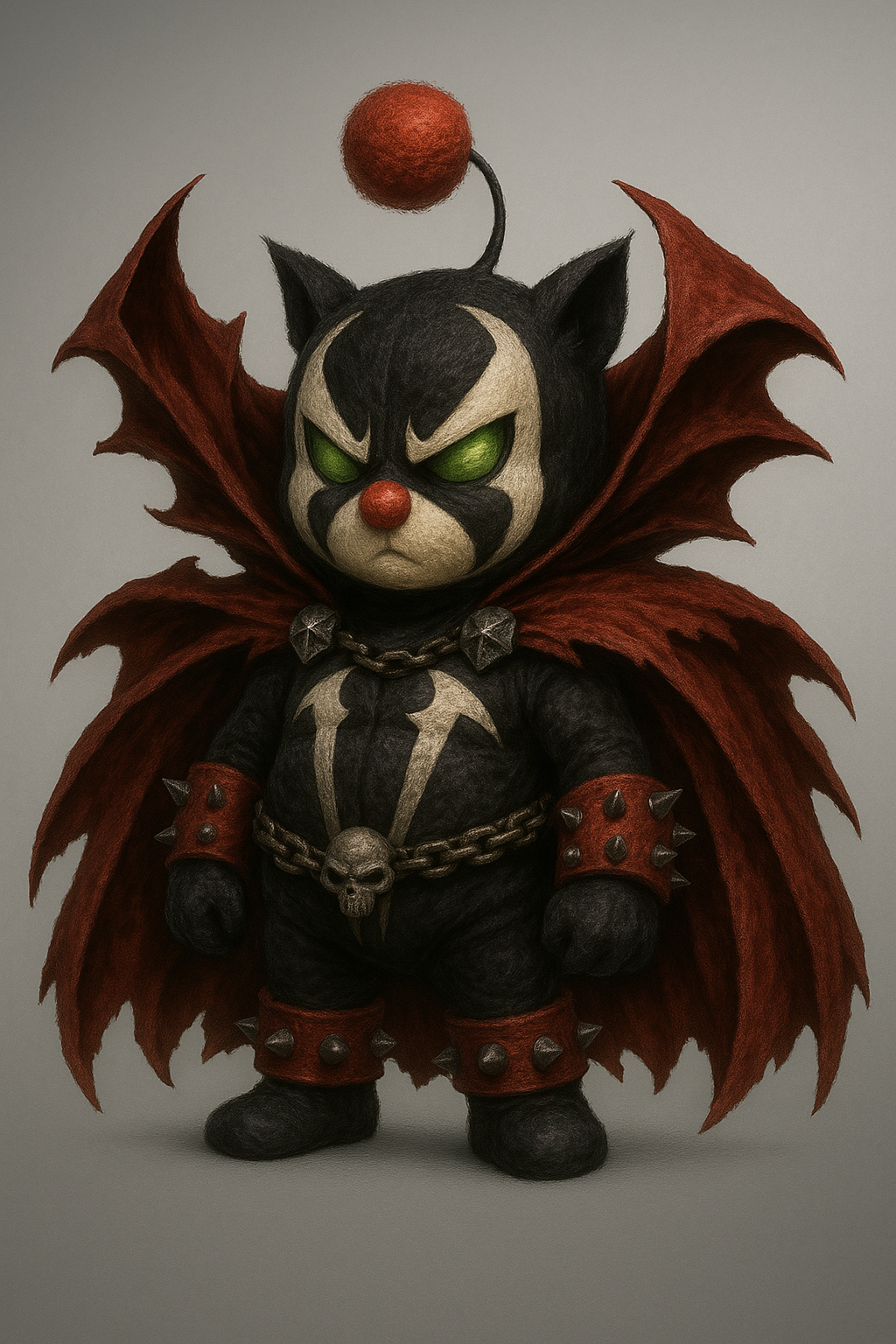 Reference image of Mog Spawn: a compact dark figure with glowing green eyes, black-and-cream face markings, red nose, skull-chain details, spiked red cuffs, and large red cape-wings.