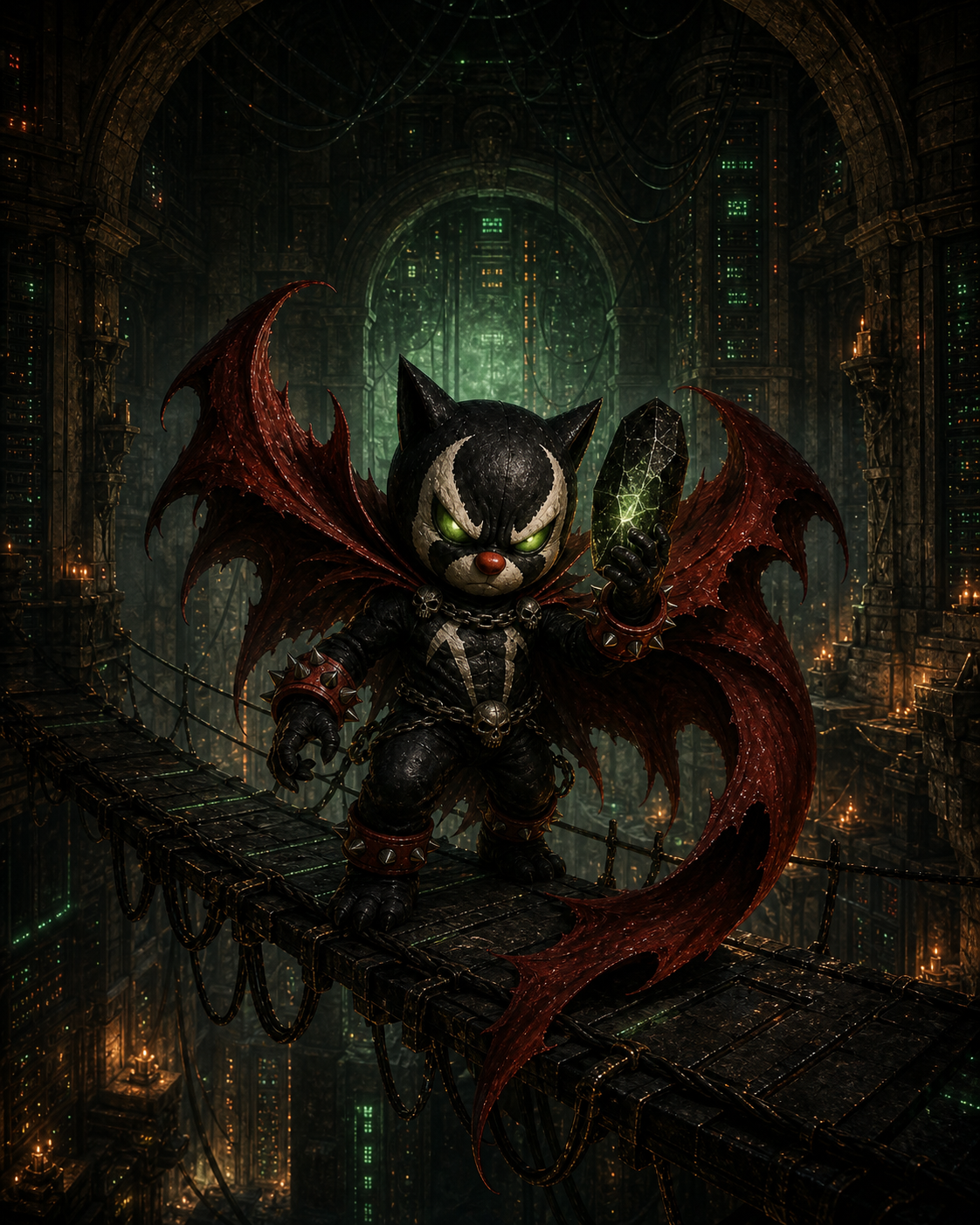 Mog Spawn stands on a suspended bridge inside an ancient server-temple, holding a cracked green data crystal while red cape-wings curve around him.