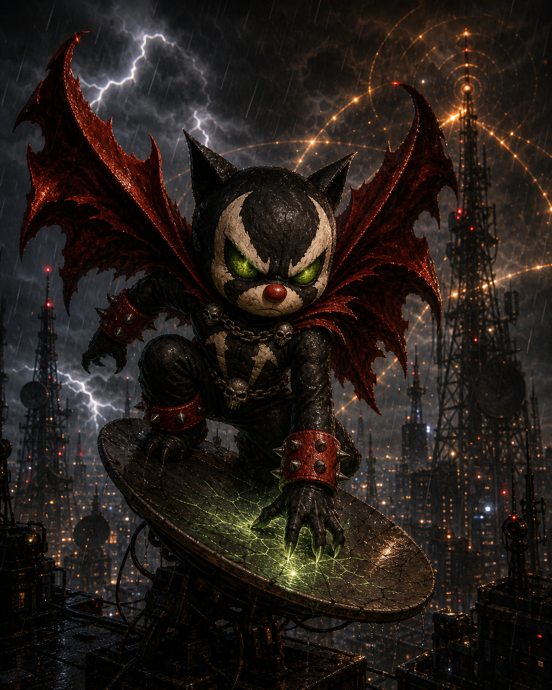 Mog Spawn crouches on a cracked satellite dish in a rainstorm, green signal light spreading from his claw while amber radio arcs glow behind him.