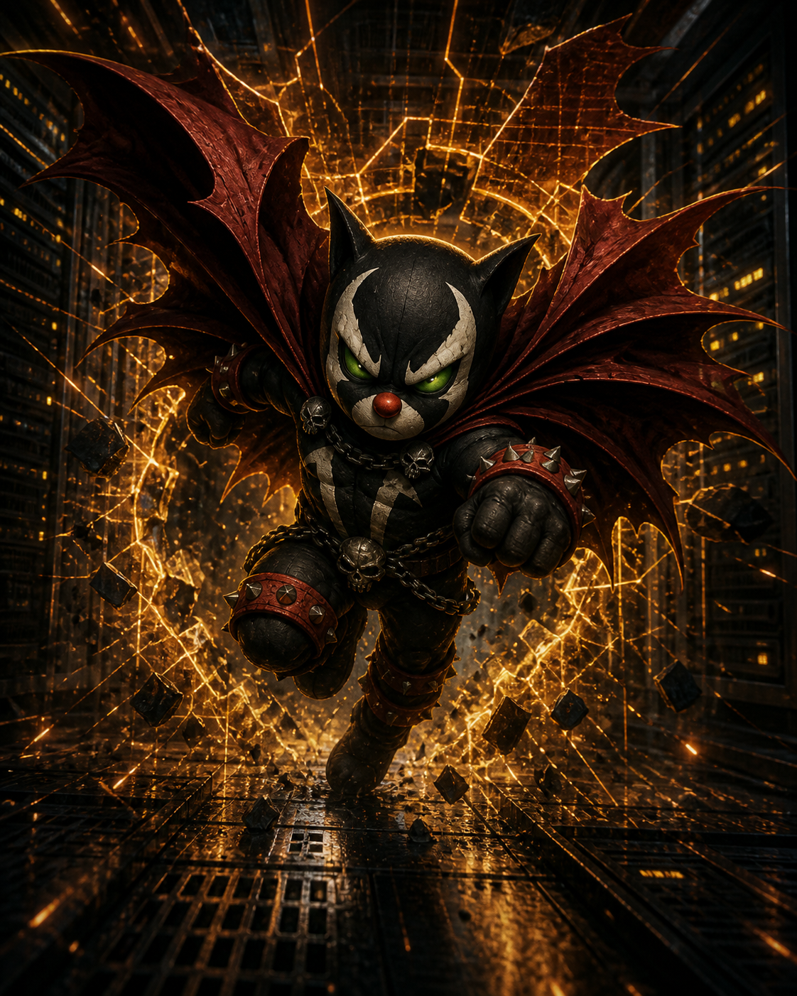 Mog Spawn flies forward through a shattered amber digital barrier between dark towers, fist raised and red wings flaring.