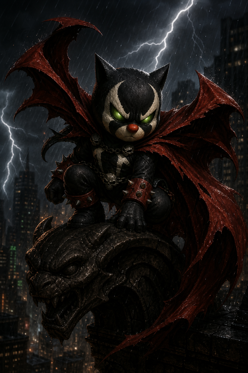 Mog Spawn crouches on a gothic gargoyle above a rainy city, green eyes glowing beneath red cape-wings as lightning splits the sky.
