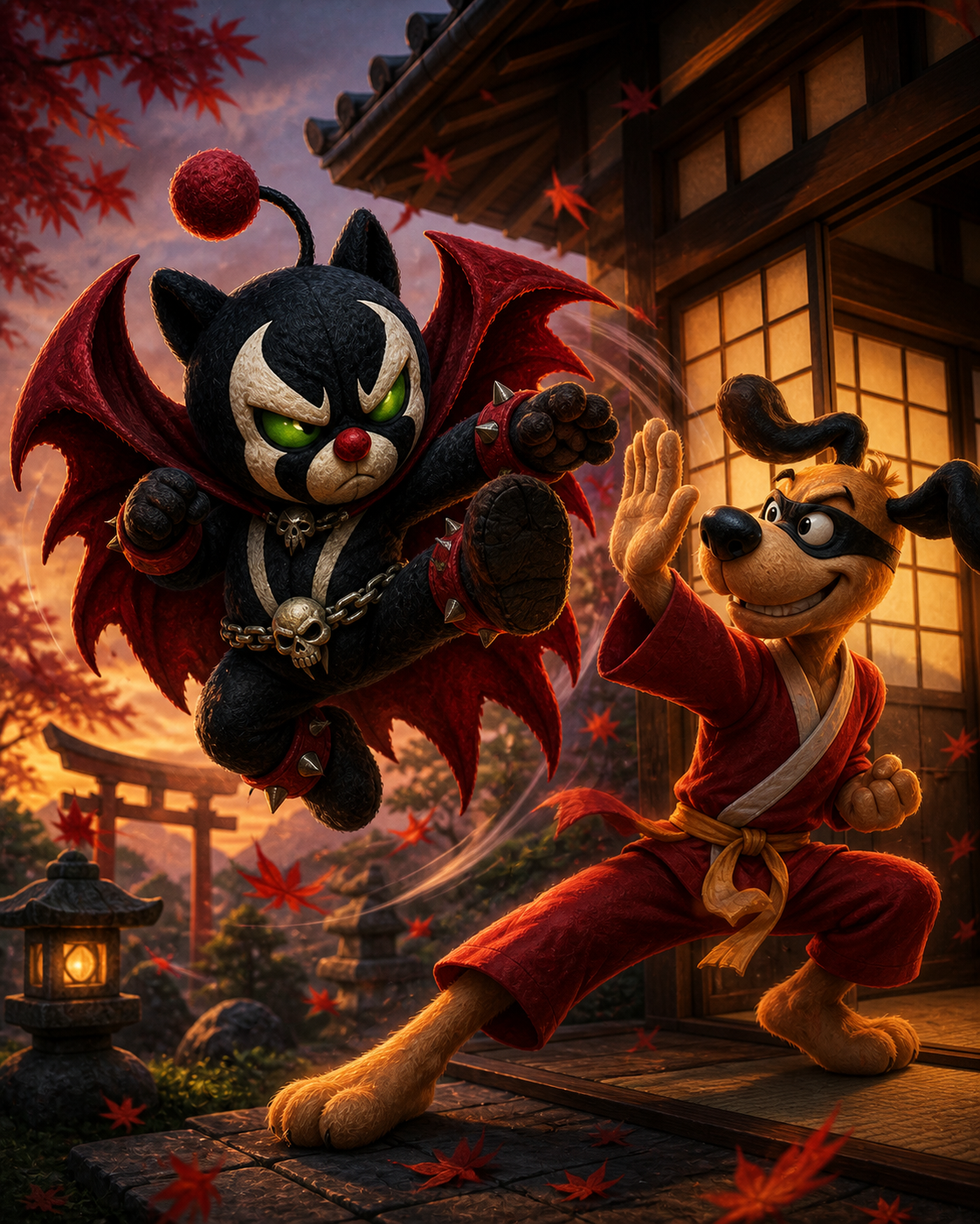 Mog Spawn and a masked kung-fu dog hero square off in a Japanese courtyard at dusk, surrounded by shoji screens, red maple leaves, stone lanterns, and dramatic cartoon action lines.