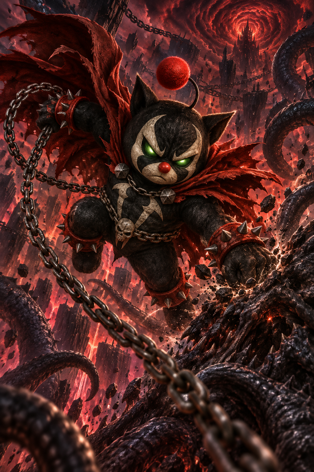 Mog Spawn charges through a crimson cosmic abyss, whipping chains past black tentacles and shattered stone toward a looming enemy.