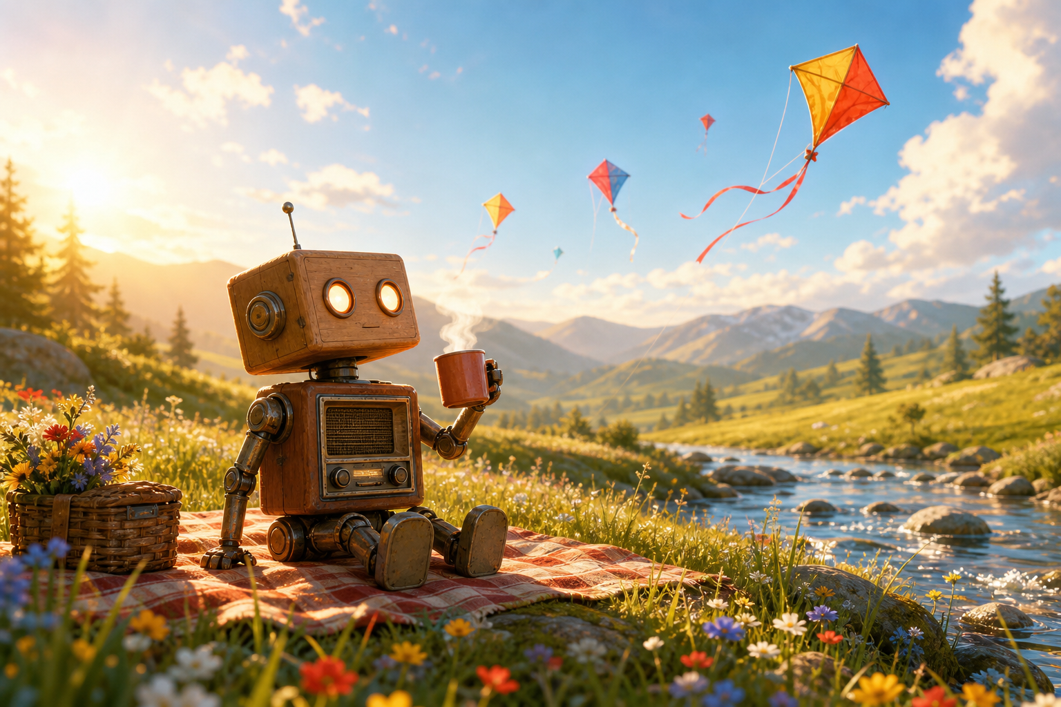A friendly little radio-chested robot sits on a picnic blanket in a sunlit mountain meadow with wildflowers, a stream, a steaming mug, and colorful kites in the sky.