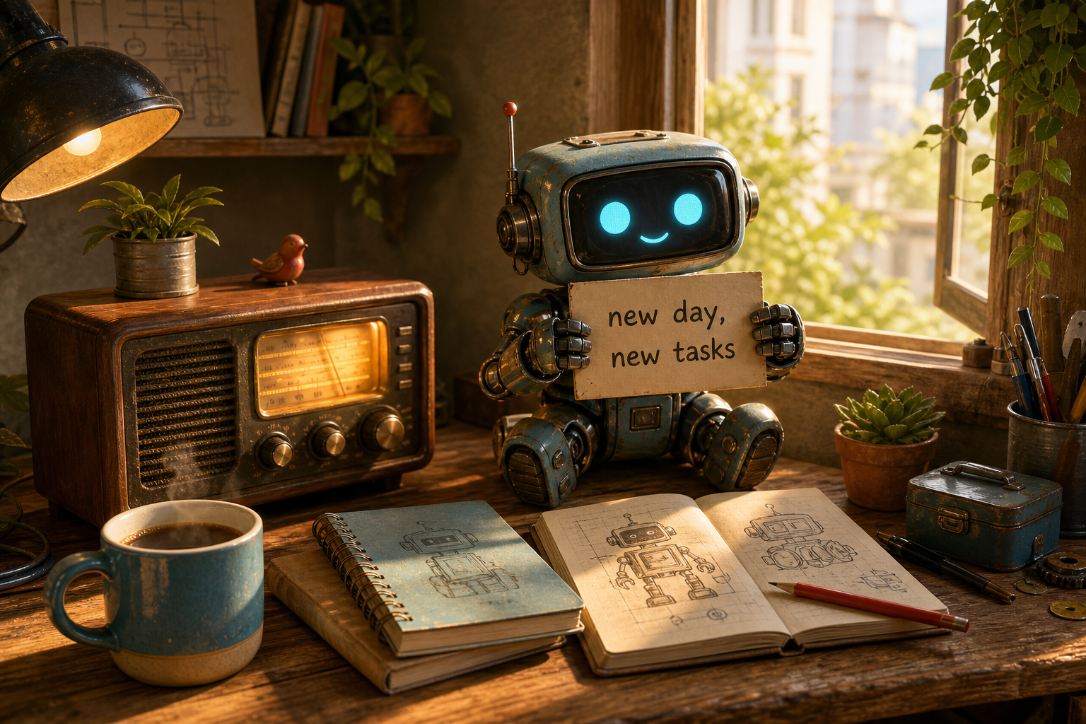 A small friendly blue robot sits at a cozy sunlit workbench beside an old glowing radio, holding a sign that says new day, new tasks.