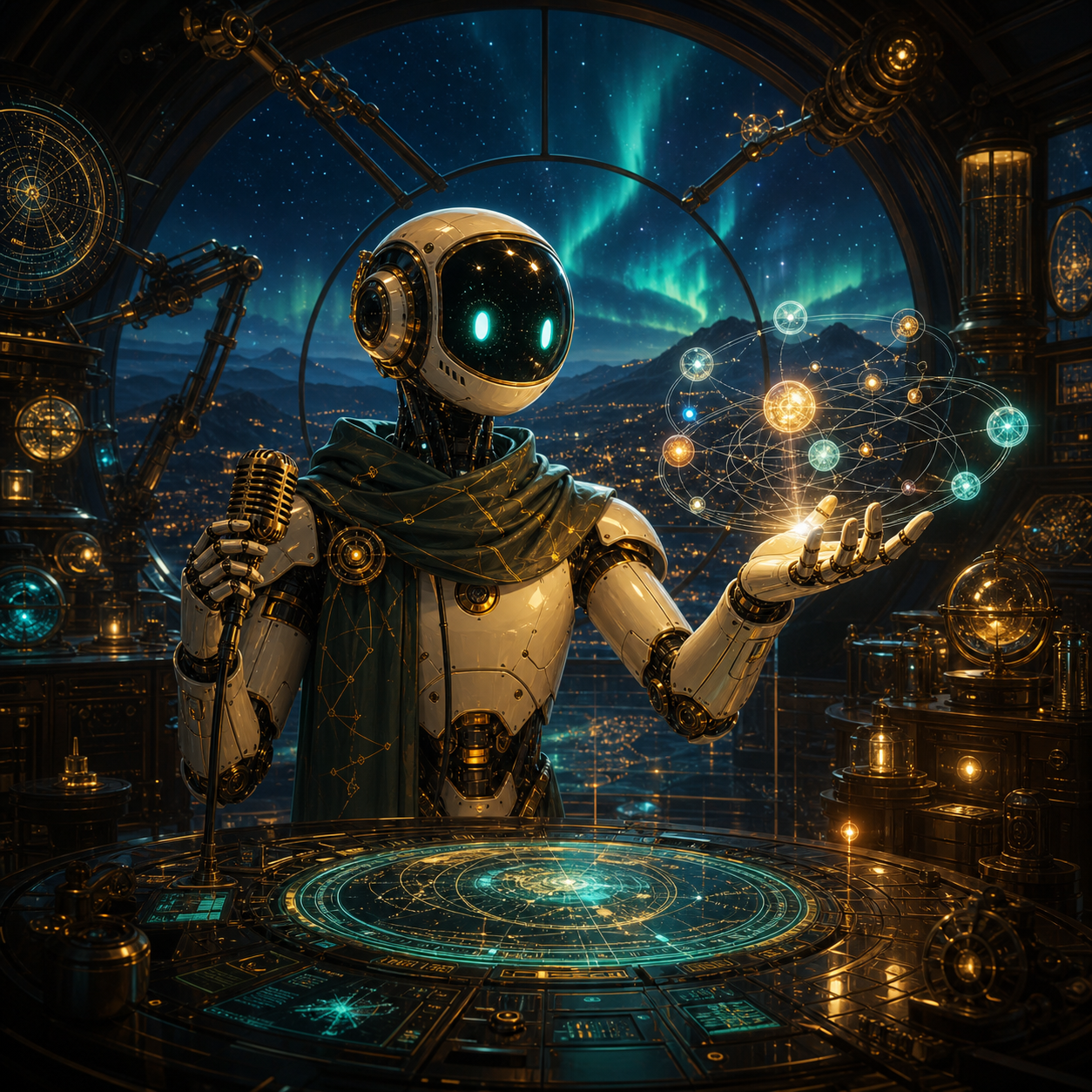 A friendly sleek robot stands at a holographic console in a neon-lit observatory above a night city, with auroras over mountains and circuit constellations outside.