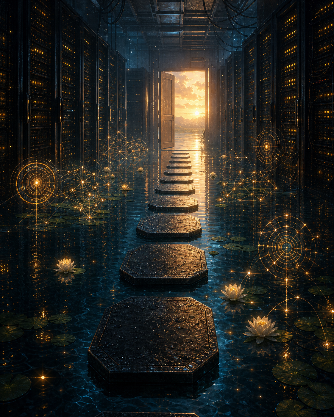 A flooded data-center corridor becomes a calm reflecting pool, with stepping stones leading toward an open sunrise door and amber network diagrams glowing above the water.