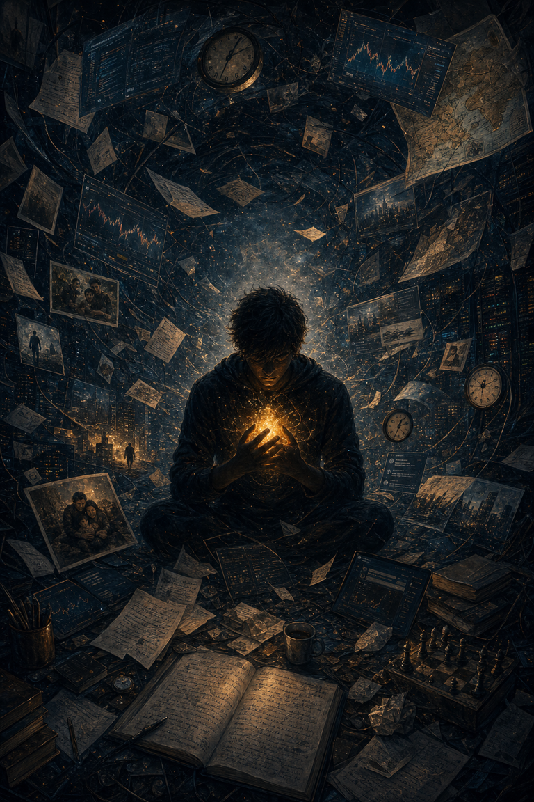 A solitary figure holds a warm amber light while fragments of clocks, papers, screens, maps, charts, and memories swirl around them like broken constellations.
