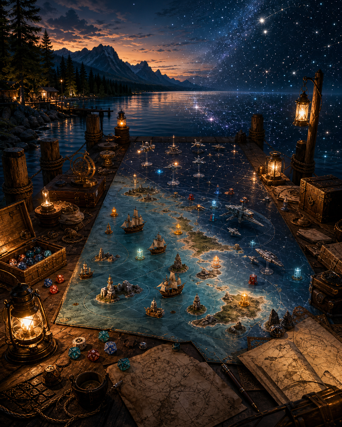 A lantern-lit dock table holds a detailed tabletop campaign map where islands, sailing ships, starships, dice, and waypoints blend into a lake becoming a starfield.