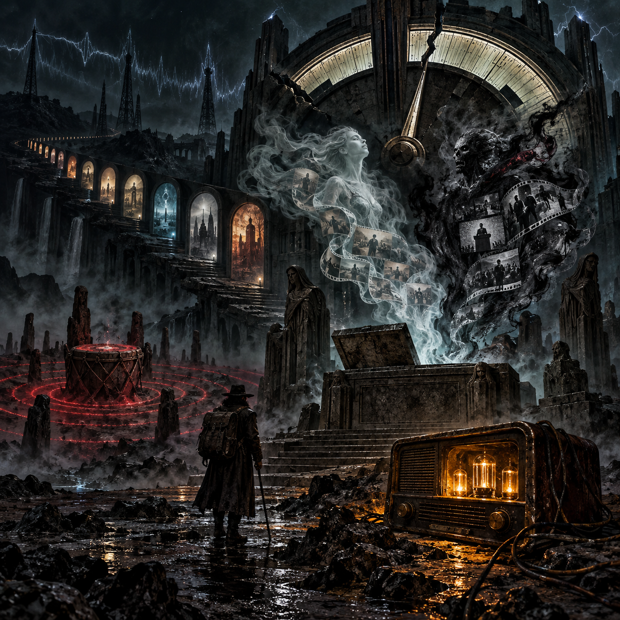 A lone traveler faces an immense broken radio dial and open stone tomb as a luminous spirit and a dark entity rise in smoke, while a ceremonial drum pulses and an amber vacuum-tube receiver glows in the foreground.