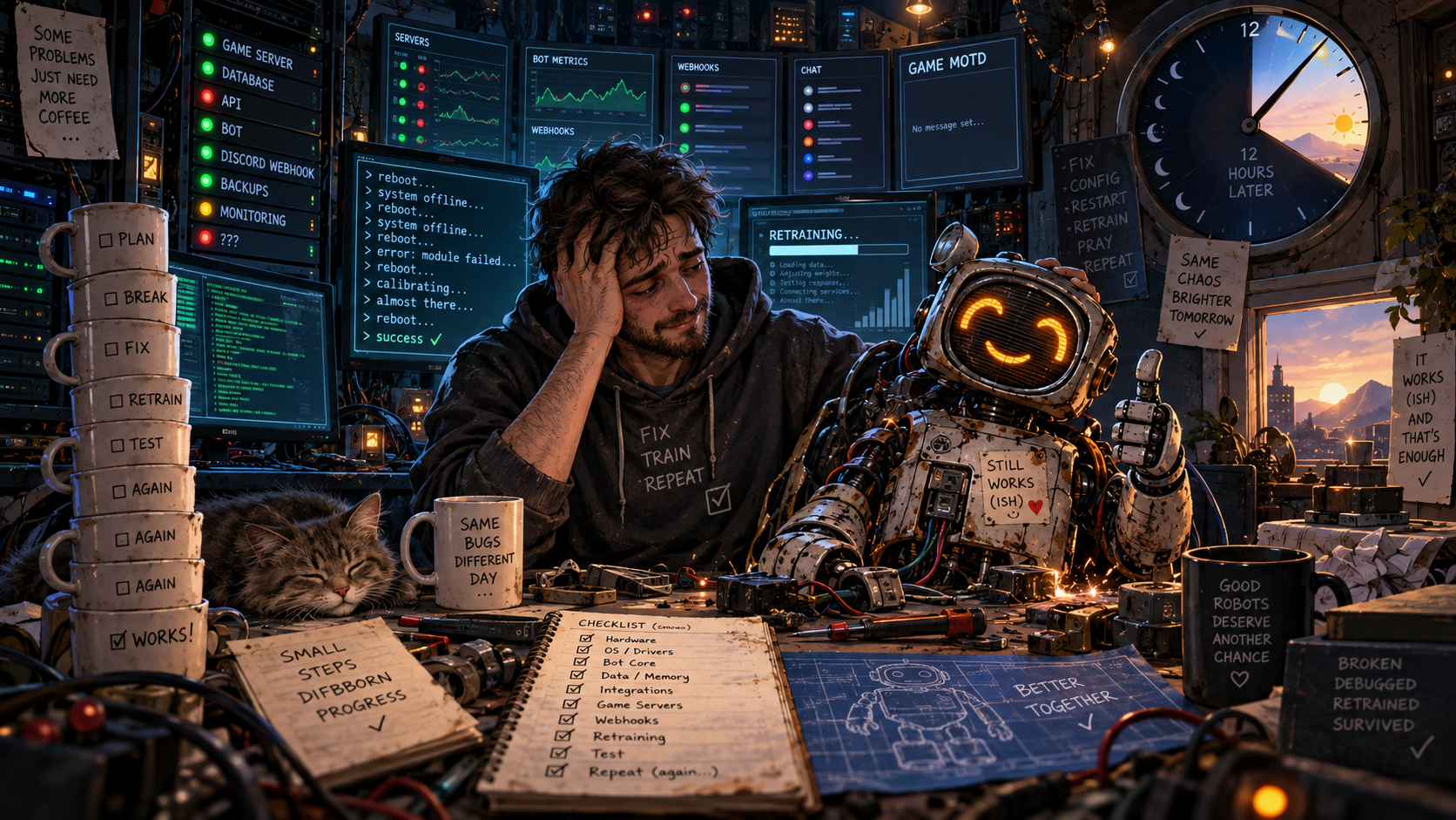 An exhausted systems operator sits beside a battered but smiling radio-faced robot after a twelve-hour repair marathon amid server racks, reboot screens, coffee cups, cables, and the first light of dawn.