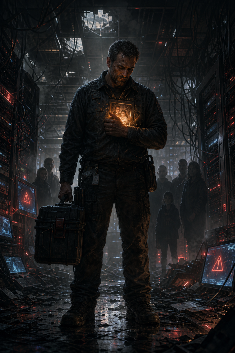 A lone exhausted IT technician stands in a ruined server room holding a toolkit and glowing family photo while shadowy dependents wait behind him.